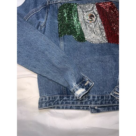 Hija De Tu Made Denim Jacket Women’s Size XS Blue Sequin Mexican Flag Distressed - Picture 16 of 16